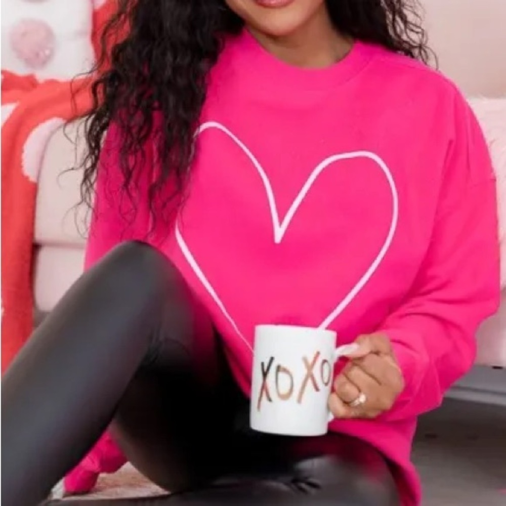 Pink Lily Heart Outline Hot Pink Oversized Sweatshirt